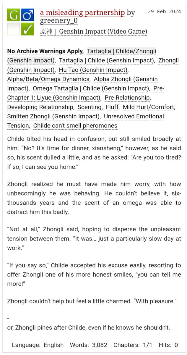 A fluffy omegaverse au, in which Zhongli wonders why Childe is spraying him with pheromones
#ZhongChi