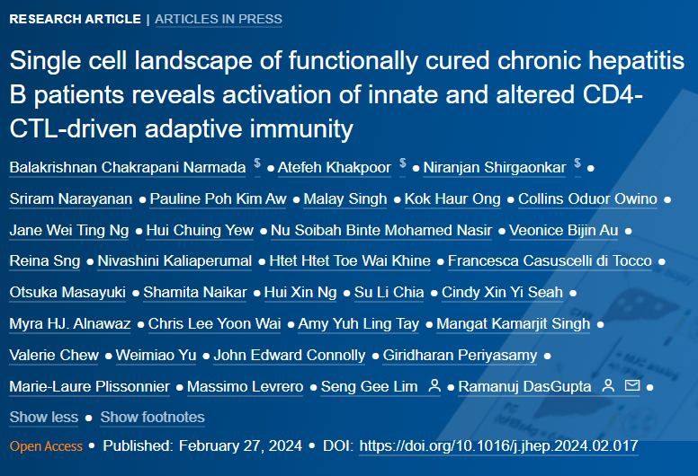 🆕Article in press❕ 

Single cell landscape of functionally cured chronic hepatitis B patients reveals activation of innate and altered CD4-CTL-driven adaptive immunity

#OpenAccess here👉journal-of-hepatology.eu/article/S0168-…

#LiverTwitter