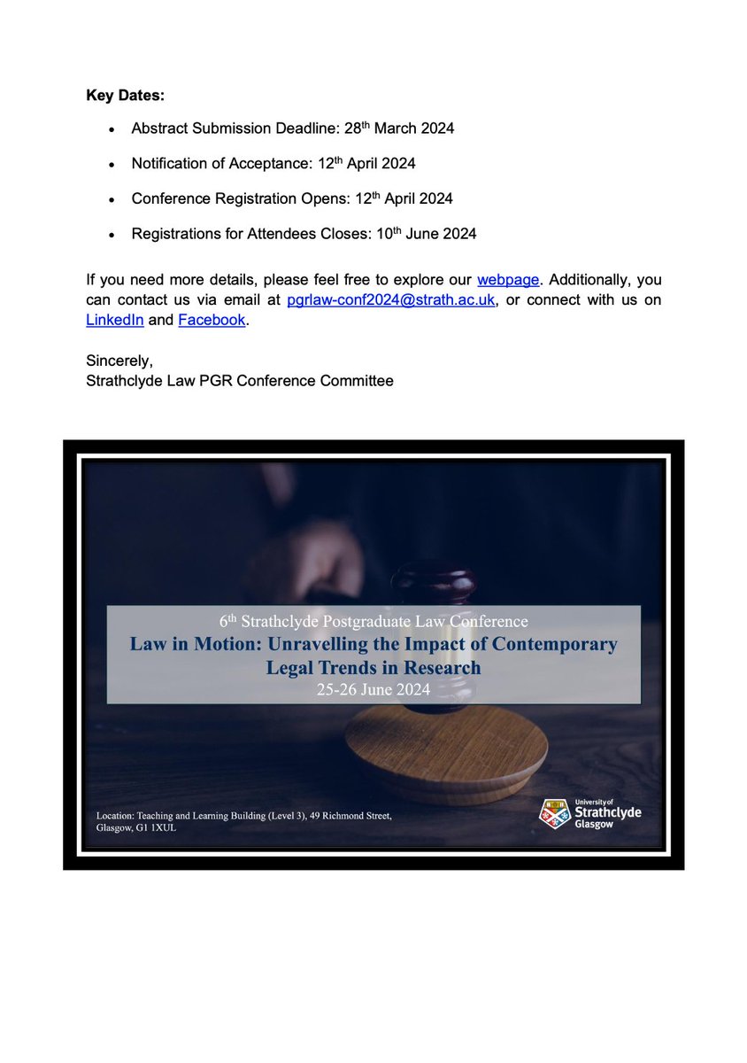⏰This is a reminder for all PGRs that there are 4 weeks left to submit abstracts for the 6th Strathclyde Postgraduate Law Conference. The abstract submission deadline is 28th March 2024. We are looking forward to receiving your abstracts.
#conference #callforabstracts