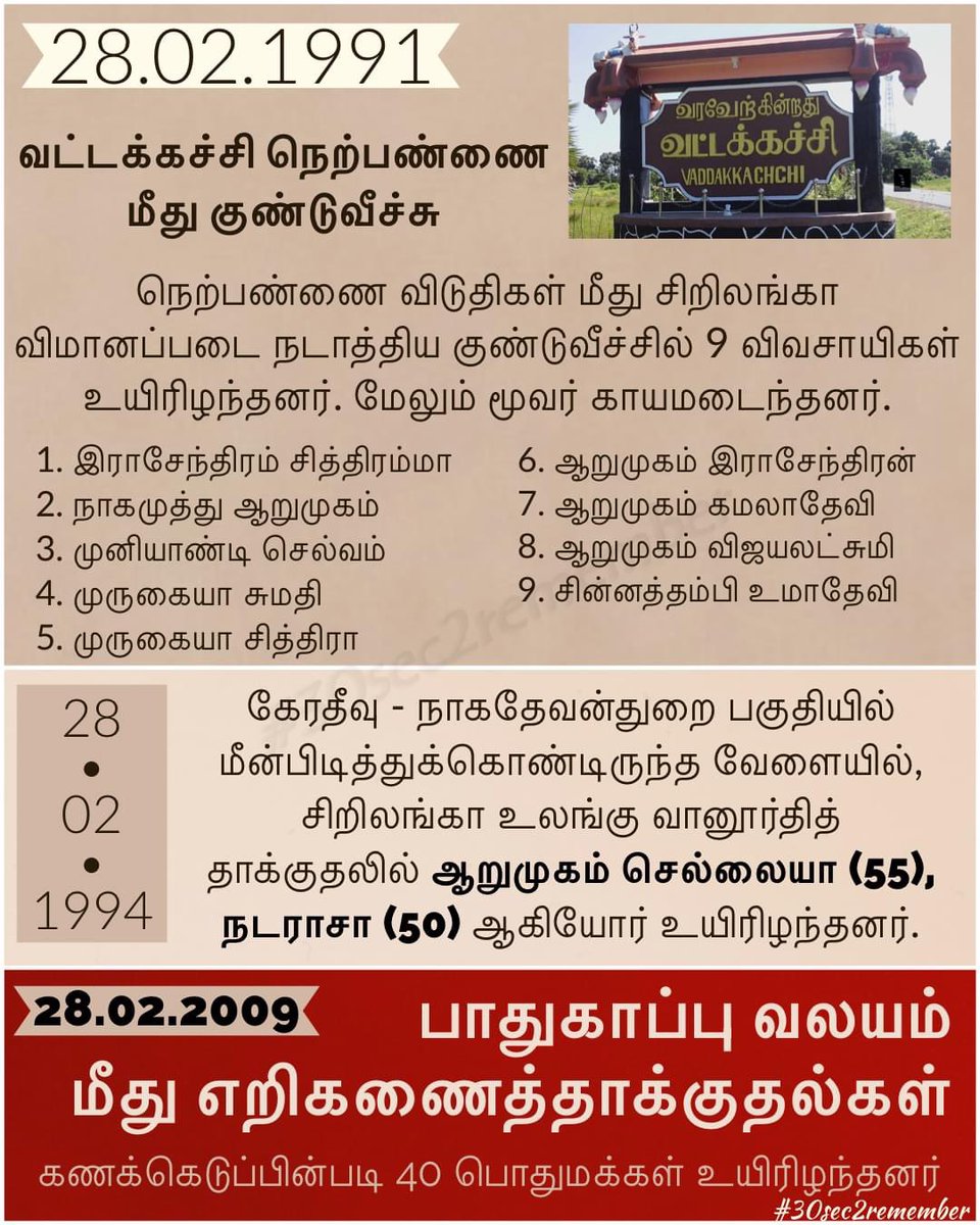 pani2702's tweet image. 27.02.
#30sec2remember #தமிழினப்படுகொலை #யாழ்ப்பாணம் #மட்டக்களப்பு #முல்லைத்தீவு #புதுக்குடியிருப்பு