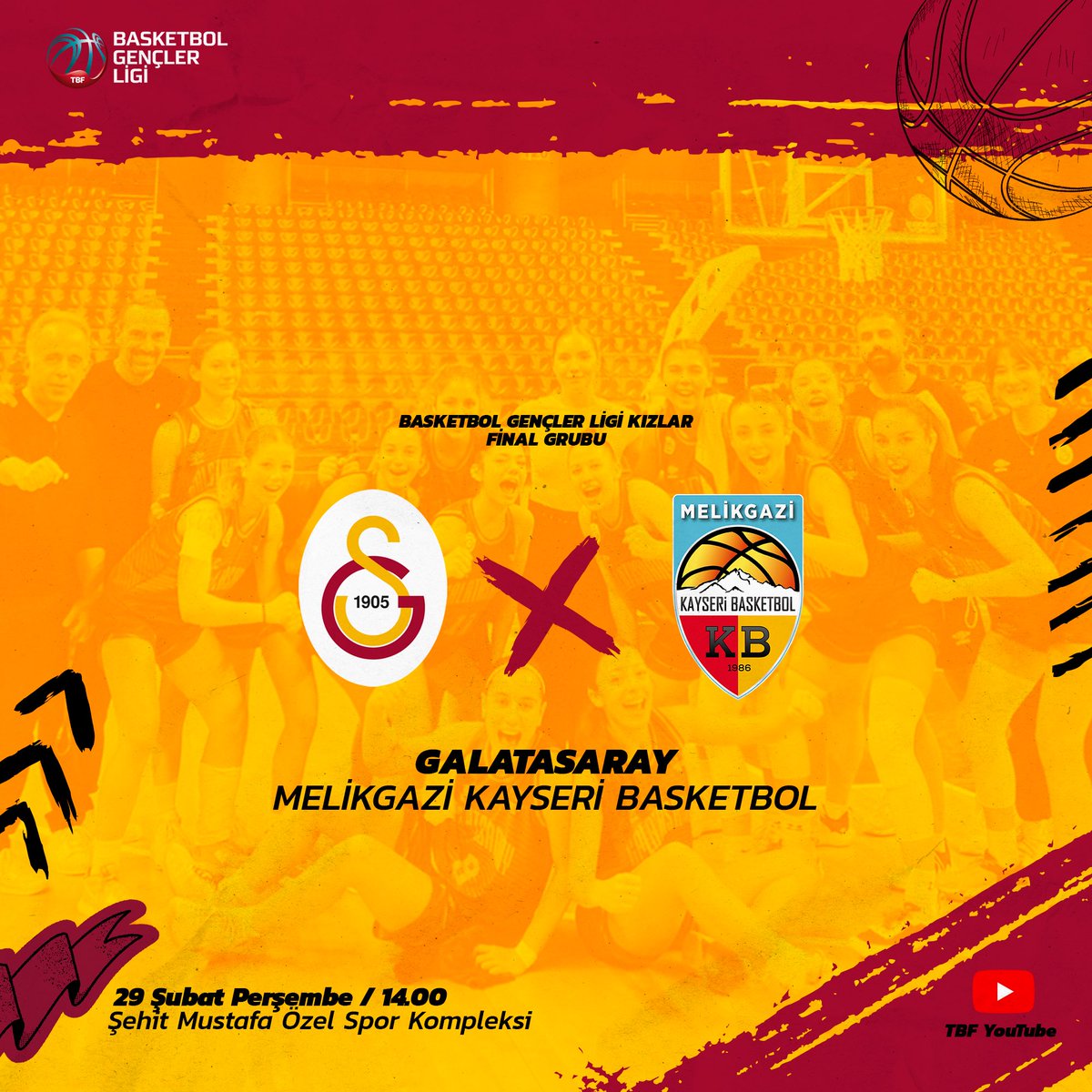 🔥 Basketbol Gençler Ligi Kızlar Final Grubu! Galatasaray 🟨🟥 🆚 Melikgazi Kayseri Basletbol 📌 Şehit Mustafa Özel Spor Kompleksi 🕖 14.00 | 📺 TBF YouTube #Başarılar Galatasaray 💪