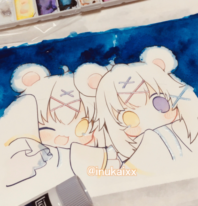 「マスキングを信じきった背景色を塗ってます ちゃんとマスキングできてるといいな～…」|犬飼/さかなのマーチ【BOOTH新作追加/名古屋コミティア【D-24】】のイラスト