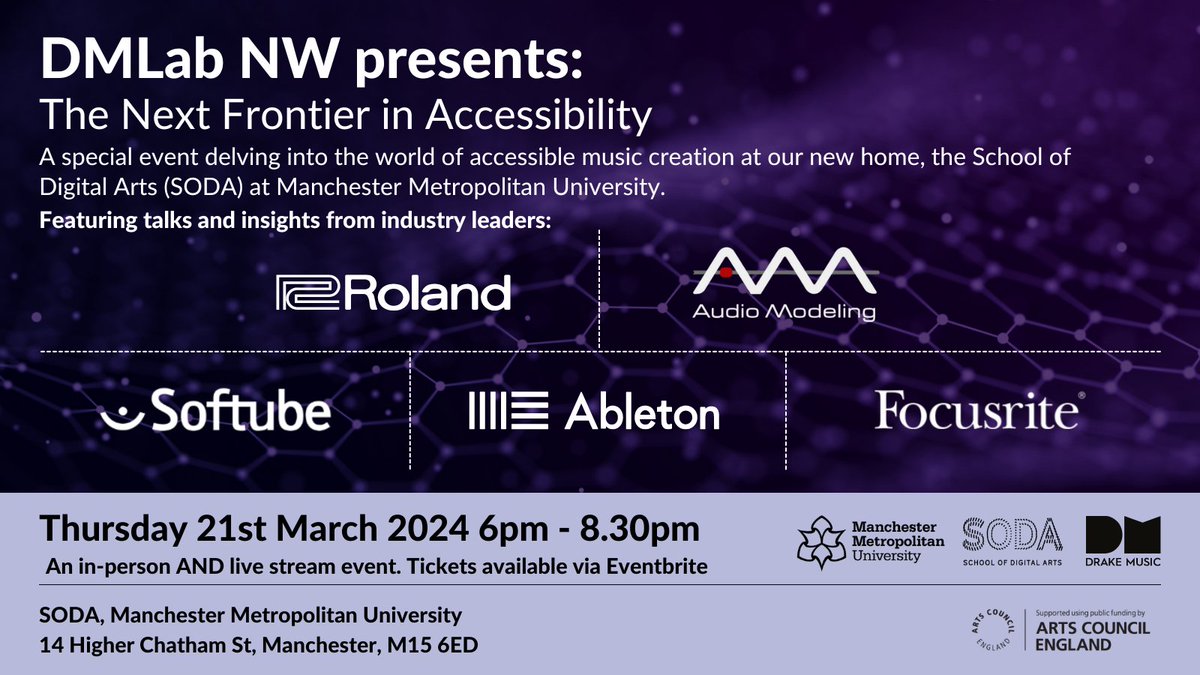 We're bringing @RolandGlobal @AudioModeling @SoftubeStudios @Ableton and @WeAreFocusrite together to explore accessibility within music-making. Join us at @SODAmcr / online: 21.03.24 Tickets: 📍 rb.gy/jklmsw 💻 rb.gy/z7o30i *Edit: updated speakers*