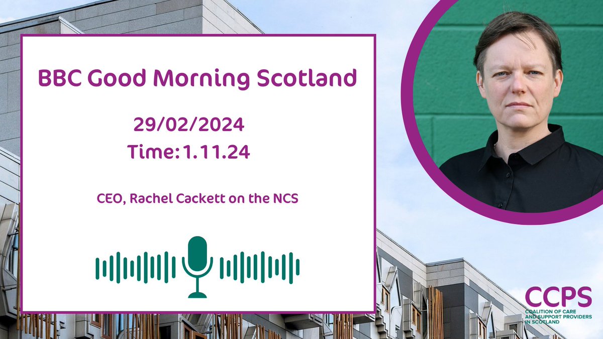 Coalition of Care & Support Providers (@ccpscotland) on Twitter photo Listen to <a href="/r_cackett/">Rachel Cackett</a>, CCPS CEO, on BBC Good Morning Scotland today discussing the NCS. (time: 1.11.24)👇
bbc.co.uk/sounds/play/m0…
The NCS Stage 1 debate takes place later today in Parliament, keep an eye out for updates from CCPS.
<a href="/ronculley77/">Ron</a> <a href="/andreawoodKey/">andrea wood</a> <a href="/samcchange/">Sam Smith 🕷</a> Listen to <a href="/r_cackett/">Rachel Cackett</a>, CCPS CEO, on BBC Good Morning Scotland today discussing the NCS. (time: 1.11.24)👇
bbc.co.uk/sounds/play/m0…
The NCS Stage 1 debate takes place later today in Parliament, keep an eye out for updates from CCPS.
<a href="/ronculley77/">Ron</a> <a href="/andreawoodKey/">andrea wood</a> <a href="/samcchange/">Sam Smith 🕷</a>