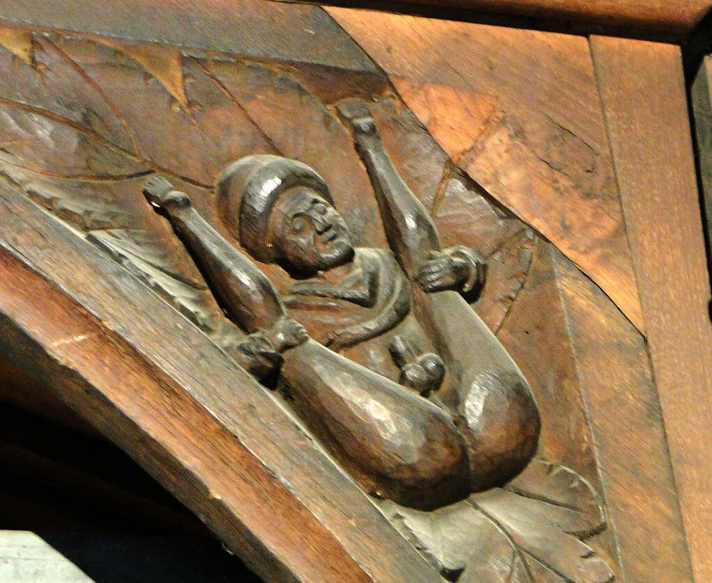 800 years ago at All Saints Church in Hereford, England, a skilful carpenter carved this gentleman high up in the dark roof where nobody could see him. But when a gallery was constructed to house a new cafe, light was shed on the art work, which features the depiction of a naked