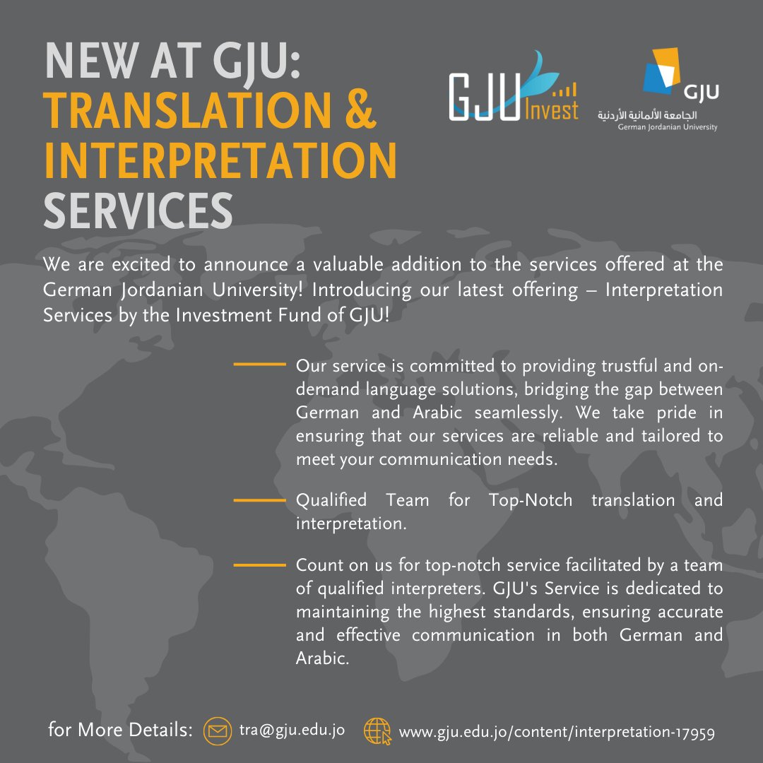 GJUniversity's tweet image. #Announcement 

GJU is excited to announce a valuable addition to its services : Interpretation Services by the Investment Fund of GJU!

#GJU #NewService #Translation #Interpretation #Investment_Fund