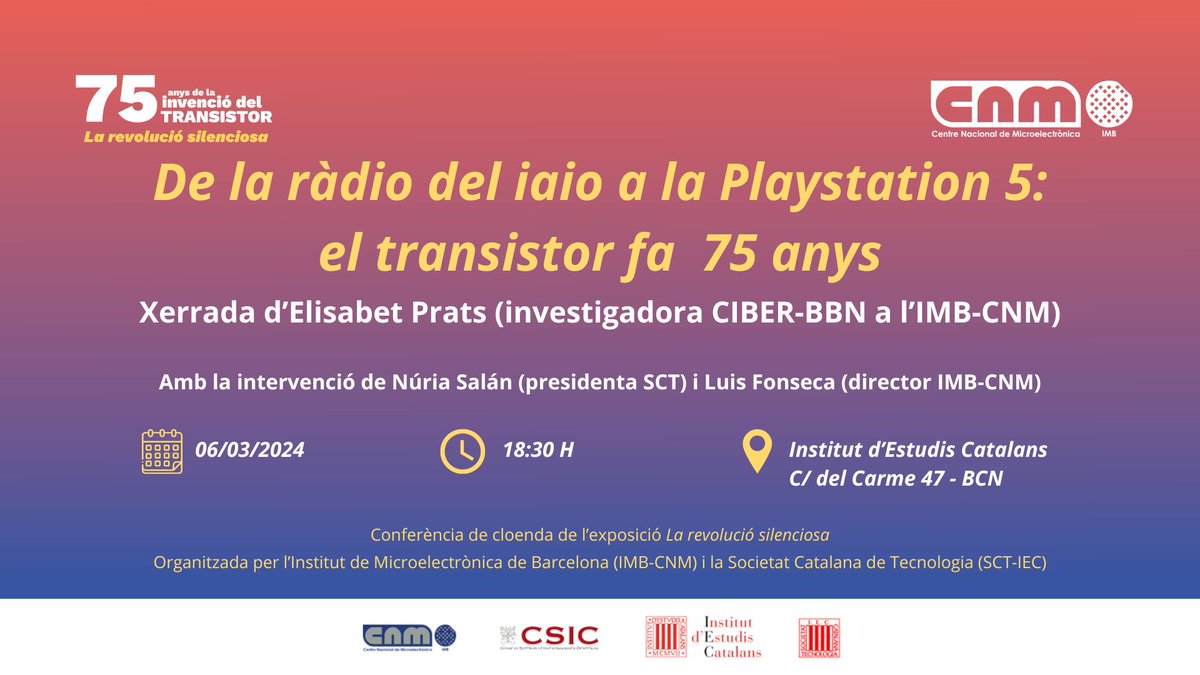 No et perdis aquesta xerrada de la investigadora @eli_prats (@CIBERBBN a l'@imb_cnm) 🧠organitzada per la @sct_iec! 📻'De la ràdio del iaio a la Playstation 5!' 📍A l'@IEC 📆06/03 ⏰a les 18:30h 🦸‍♀️Amb la participació de la gran @nuriasalann! 👉buff.ly/48LVg8w