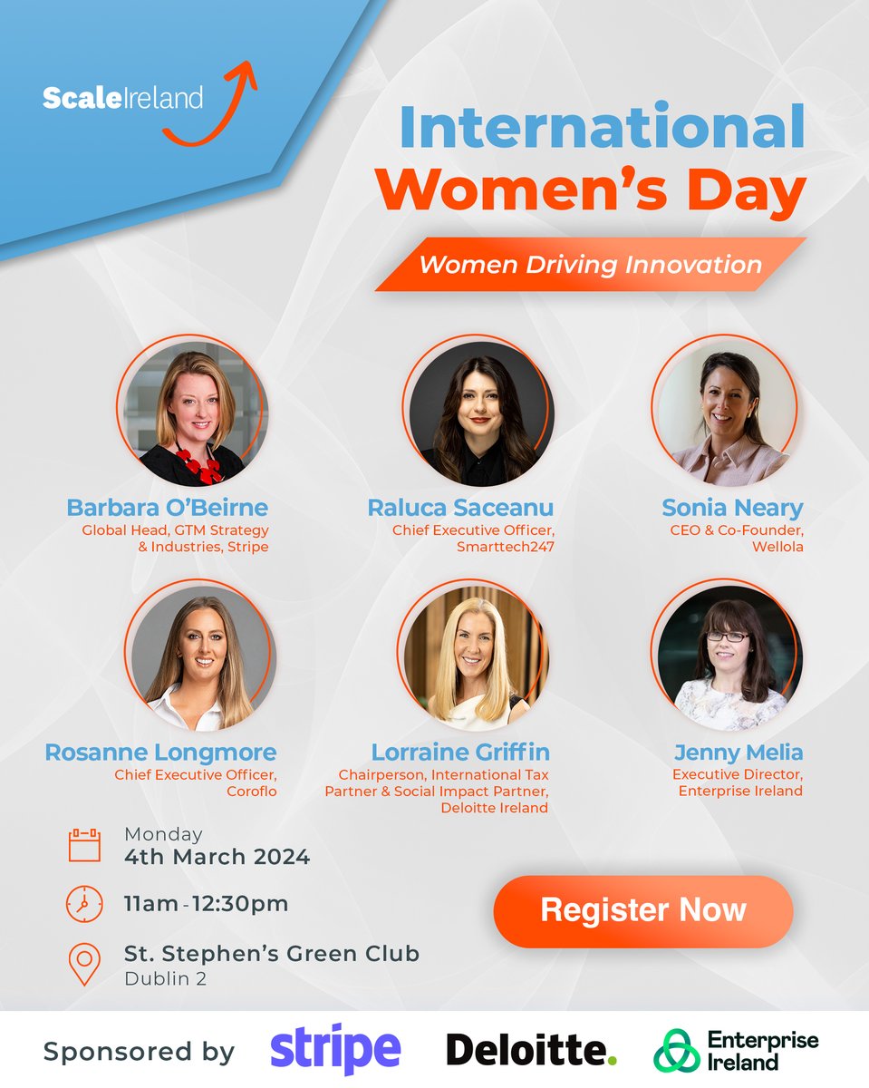 We are really looking forward to our sold out International Women's Day event on Monday next. 'Women driving innovation’. Supported by @stripe , @Deloitte , and @Entirl we have a super line-up of great female leaders...🧵 #internationalwomensday #iwd2024