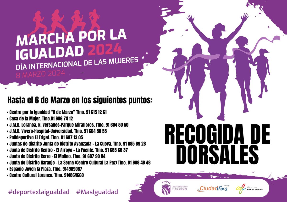 🏃‍♀️🏃‍♀️🏃‍♀️¡Marcha por la Igualdad 2024!
 
➡️El 8 de marzo, salimos, a las 11:00, de Plaza de España hasta Plaza de la Constitución.
🟣Puedes inscribirte hasta el día 6 de marzo en el Centro para la Igualdad 8 de Marzo, la Casa de la Mujer y todos los puntos que aparecen aquí⬇️