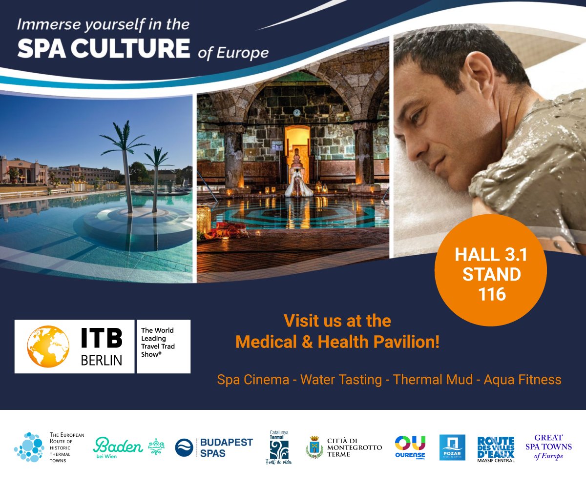 Are you going to @ITB_Berlin next week? We'd love to see you in the Medical and Health Pavilion in Hall 3.1 stand 116 - join us for a chat or to relax in our Spa Cinema! #greatspatownsofeurope #unesco #historicthermaltowns #thermaltravels #spaculture #itbinbathrobes #itbberlin