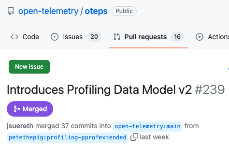 A major milestone for adding Continuous Profiling to #OpenTelemetry:
The extension proposal (OTEP) outlining the data model has been merged 🎉 
I need to look into that deeper <a href="/OpenObserv/">OpenObservability</a> with the SIG members - <a href="/felixge/">Felix Geisendörfer</a> <a href="/rperry_/">Ryan Perry</a> joining me?
#opensource #devops #observability