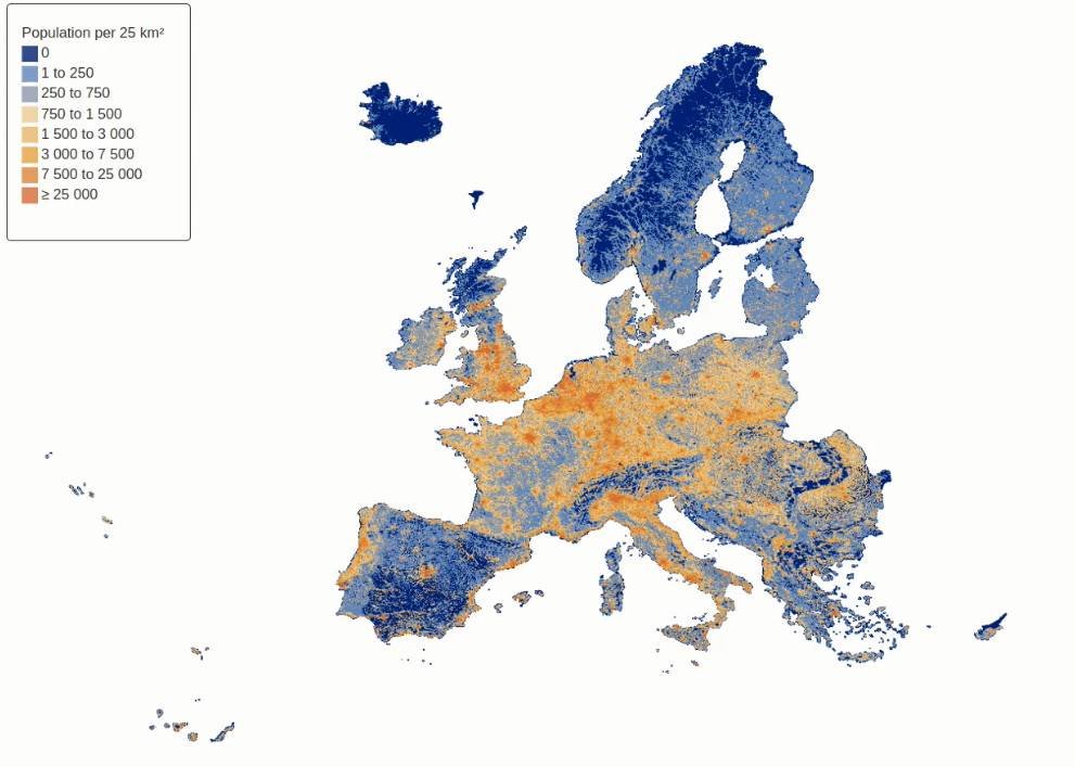 Population density in Europe.

Spain is shockingly empty