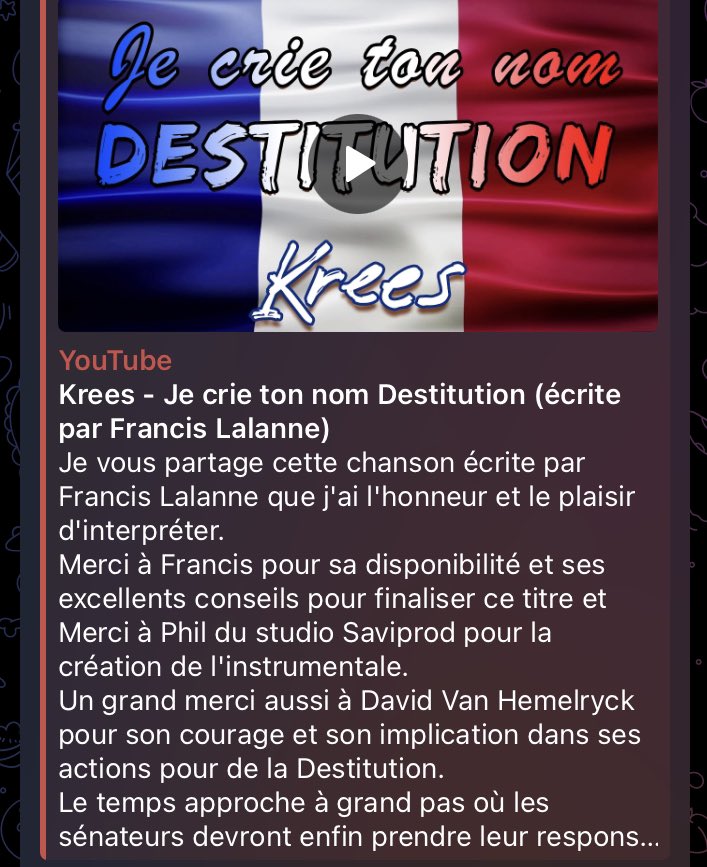 David_vanH's tweet photo. A l’heure où le fou macron a dévoilé ses délires au monde entier, de plus en plus de citoyens réalisent qu’il est urgent de le virer.

Merci à Francis @OffLalanne pour son beau texte et à @kreesofficiel pour sa chanson DESTITUTION 

ON REMET #Destitution EN TOP TWEET ET ON MOTIVE LES FRANÇAIS 💪 
#ChansonDestitution 

https://t.co/sSZ2nf8ZzF