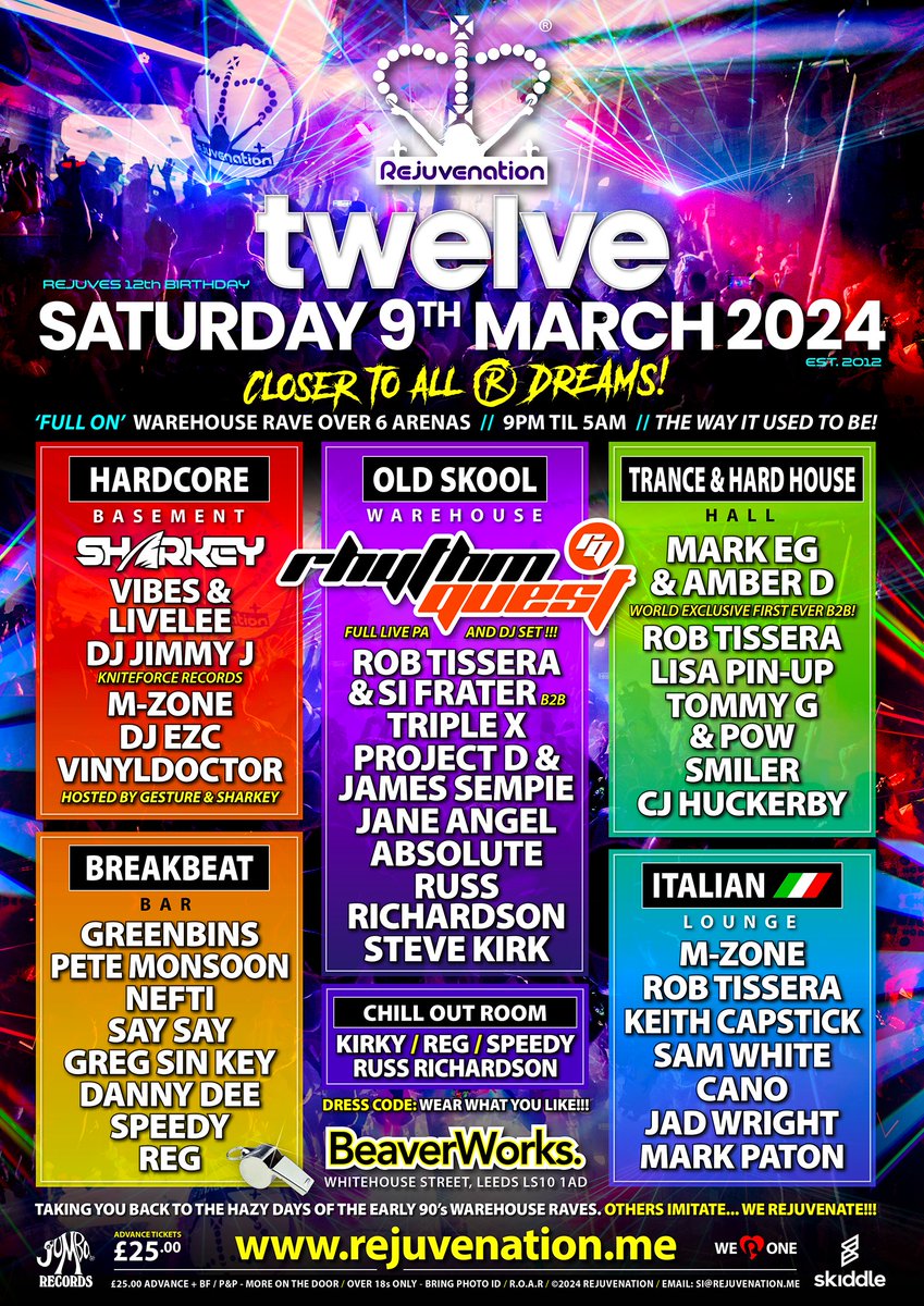 Rejuvenation 12th Birthday Warehouse Rave. Saturday 9th March, Beaver Works, Leeds with @RobTissera @markeg @lisa_pinup @DJAmberD @djjaneangel @djgreenbins @DJSiFrater @DjNefti and lots more! Tickets @skiddle > skdl.co/GFhngp95GEb #rejuvenation #rave #leeds WE \®/ ONE ❤️
