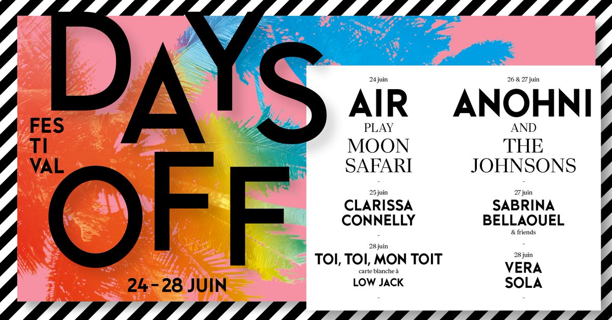 DAYSOFF2024

On est ravis de vous annoncer le reste de notre programmation 🌴

Pop, rock, musiques électroniques, hip-hop... il y en aura pour tout le monde !

Rendez-vous le 5 mars à 12h pour l'ouverture de la billetterie !

#DAYSOFF24 #PhilharmonieDeParis #Festivals