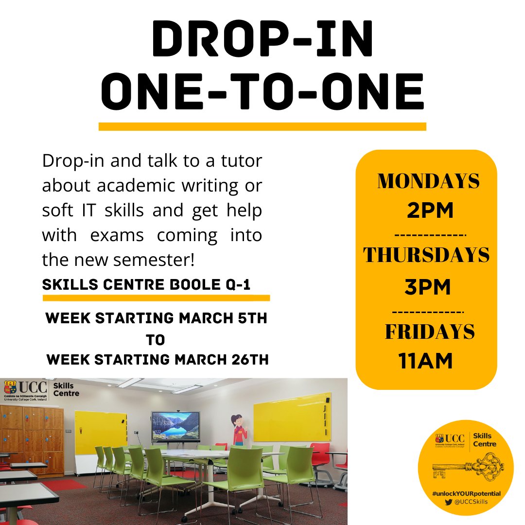 Take a look at our one-to-one times for the next 4 weeks! Come down to the Skills Centre at these times for a drop-in appointment.