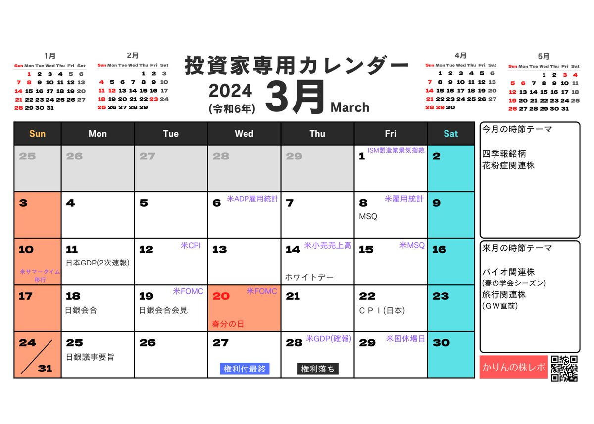 地合いめちゃくちゃ良かった２月相場も終わり🥹
ってことで３月の経済イベントはこんな感じ🥰

2024年の卓上カレンダー１年分作ったやつブログに画像上げてるので欲しい人は勝手に画像ダウンロードしてね。
スマホとかＰＣの壁紙にしても良いし、印刷して卓上カレンダーにもできるんだ🥳