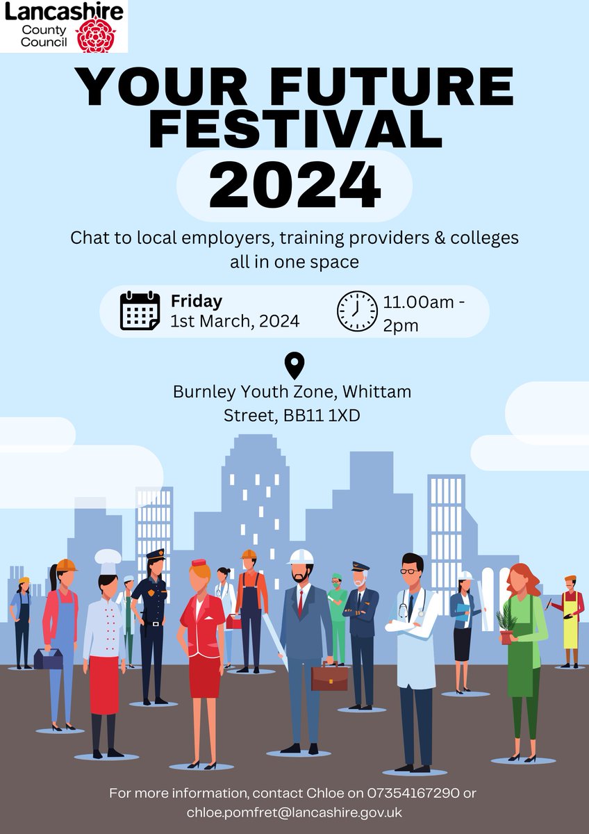 Burnley Youth Zone is holding a 'Your Future Festival' tomorrow from 11am-2pm. At the event there will be loads of training providers, employers and colleges on hand to answer questions and provide advice on future career opportunities. #careers #education #apprenticeships