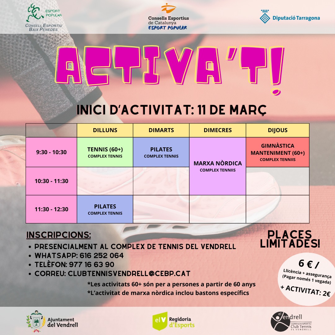 🔥 ACTIVA’T🔥

Veu la llum un nou programa dmesport popular‼️💡

Tennis i gimnàstica de manteniment per a persones a partir de 6️⃣0️⃣ anys, pilates i marxa nòrdica💪🏼

🔝 T’animes a activar-te⁉️

Contacta amb nosaltres🔥🥰