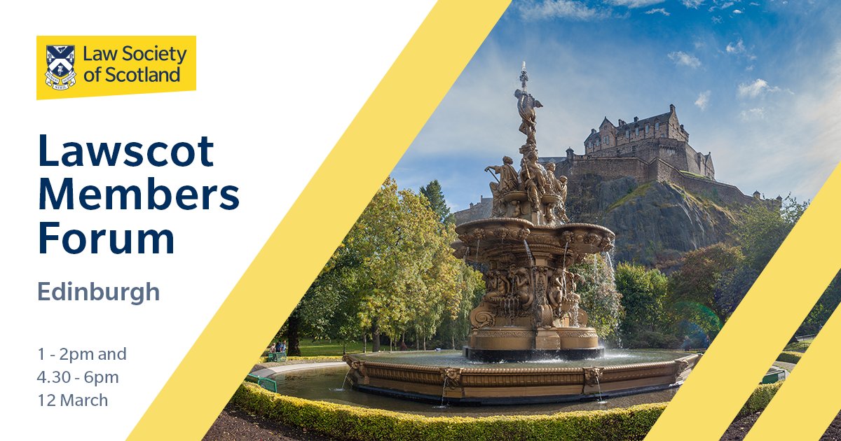 Law Society Scotland (@lawscot) on Twitter photo 📆 12 March | 📌Edinburgh
Join our President <a href="/disputelawyer/">Sheila Webster</a>, CEO <a href="/DianeMcgiffen/">Diane McGiffen</a>, and your elected Council members in Edinburgh for our #LawscotMembersForum as we meet with Court practitioners in our lunchtime session, and local practicing solicitors in our offices in the 📆 12 March | 📌Edinburgh
Join our President <a href="/disputelawyer/">Sheila Webster</a>, CEO <a href="/DianeMcgiffen/">Diane McGiffen</a>, and your elected Council members in Edinburgh for our #LawscotMembersForum as we meet with Court practitioners in our lunchtime session, and local practicing solicitors in our offices in the