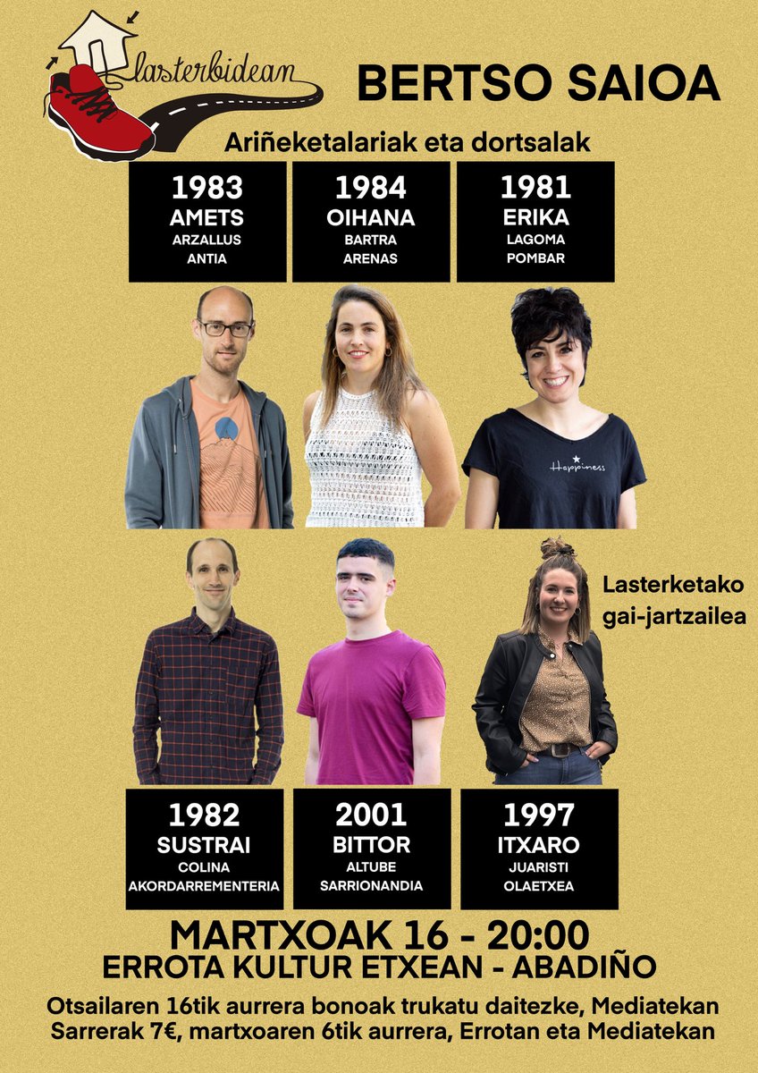 Badator Lasterbidean bertso saio mundiala! gorde data: 📆 Martxoak 16!

Otsailaren 16tik aurrera eskuragarri bonoen trukaketa Mediatekan.

Martxoaren 6tik aurrera sarrerak eskuragarri Errotan eta Mediatekan!