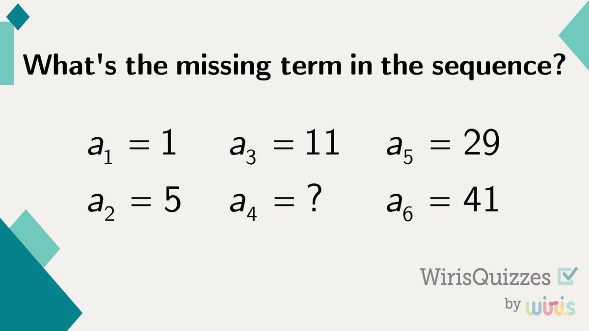 Another one for you, quizzers! 🧮 We are looking for the missing term in this sequence. Let’s uncover the value of a4. #WirisQuizzes #mathquiz #mathproblem #mathexercise #problem #MathType #math #mathematics #geometry #STEM