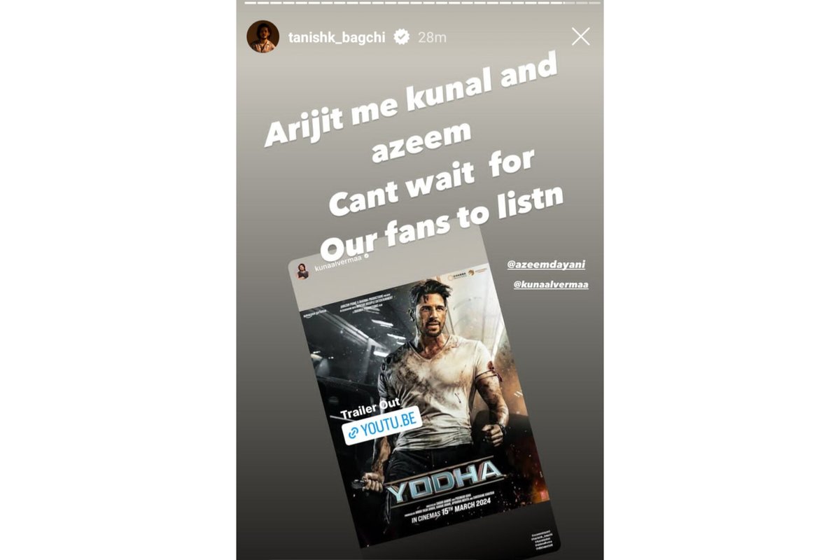 i_CHITTARANJAN1's tweet photo. Get ready for the Love song of the year Tere Sang Ishq Hua sung by Arijit Singh

Music: @tanishkbagchi 
Lyrics: @kunaalvermaa77 
Movie: #Yodha
Ft. #SidharthMalhotra #RaashiiKhanna https://t.co/zMirRC887o