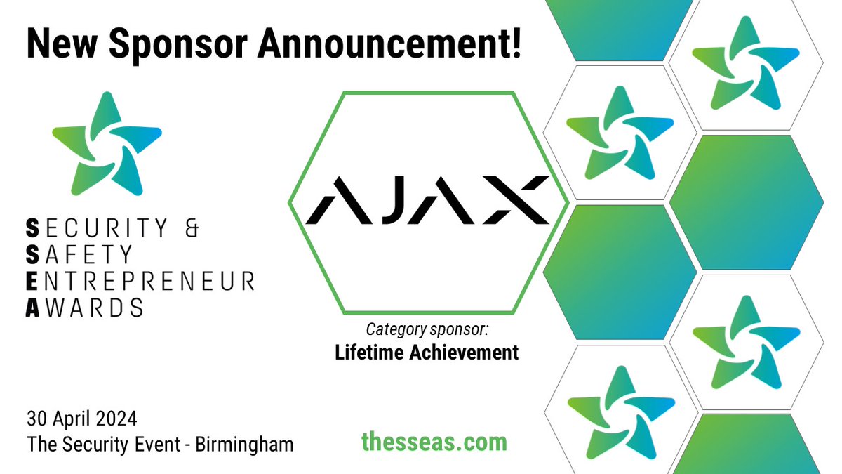 📢 Announcing our newest sponsor of the SSEAs, <a href="/ajax_systems/">Ajax Systems</a> 

Ajax Systems are kindly sponsoring the Lifetime Achievement award for the SSEAs taking place on 30 April at <a href="/SecurityEventUK/">The Security Event</a> 

Read more here &gt; &gt; thesseas.com