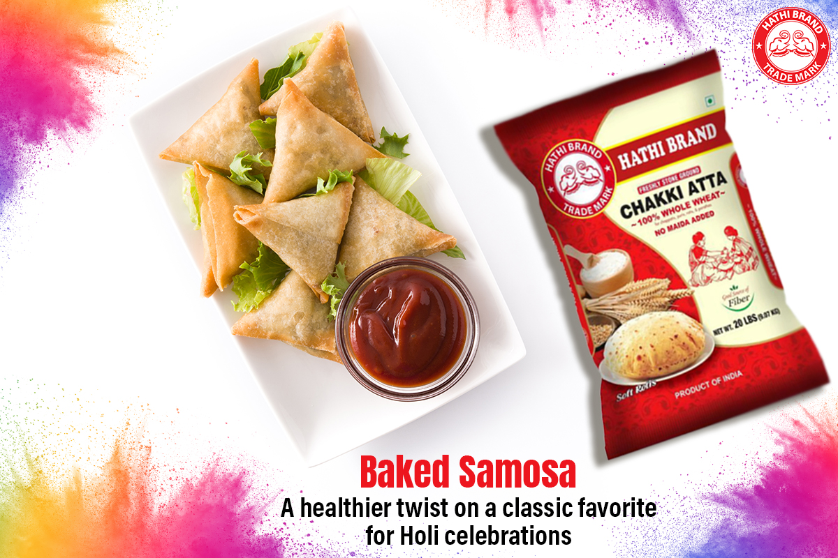 Add a baked delight to your #Holi spread with Baked #Samosas made from #HathiBrand 100% Whole #WheatChakkiAtta, perfect for guilt-free indulgence. Explore our #attapacks available at grocery stores nearby today!