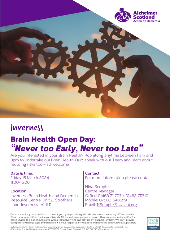 Are you interested in your Brain Health? Pop along anytime between 11am-3pm to undertake our Brain Health Quiz, speak to our Team, and learn about reducing risks - ALL WELCOME #alzheimerscotland #telecare #brainhealth .