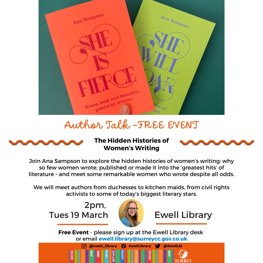 📚✨ FREE EVENT: 19 March, 2pm! Join us for an author talk with @anabooks on #WomensWritingHistory . Discover remarkable stories that shaped literature. From duchesses to activists, celebrate diverse voices that shaped literature. Don't miss it! #AuthorTalk @SurreyLibraries