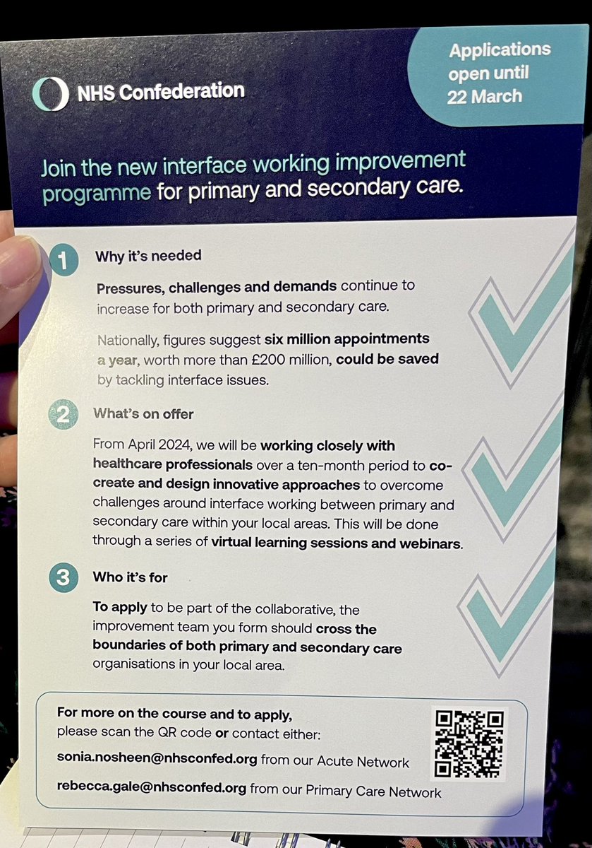 JOIN US Our 10 month improvement programme @NHSConfed on primary & secondary care interface is ✔️Free to join ✔️For primary & secondary care ✔️Led by a diverse team ✔️Improvement oriented ✔️Patient focused ✔️Designed to empower you ✔️Action focused 👇 nhsconfed.org/improving-inte…