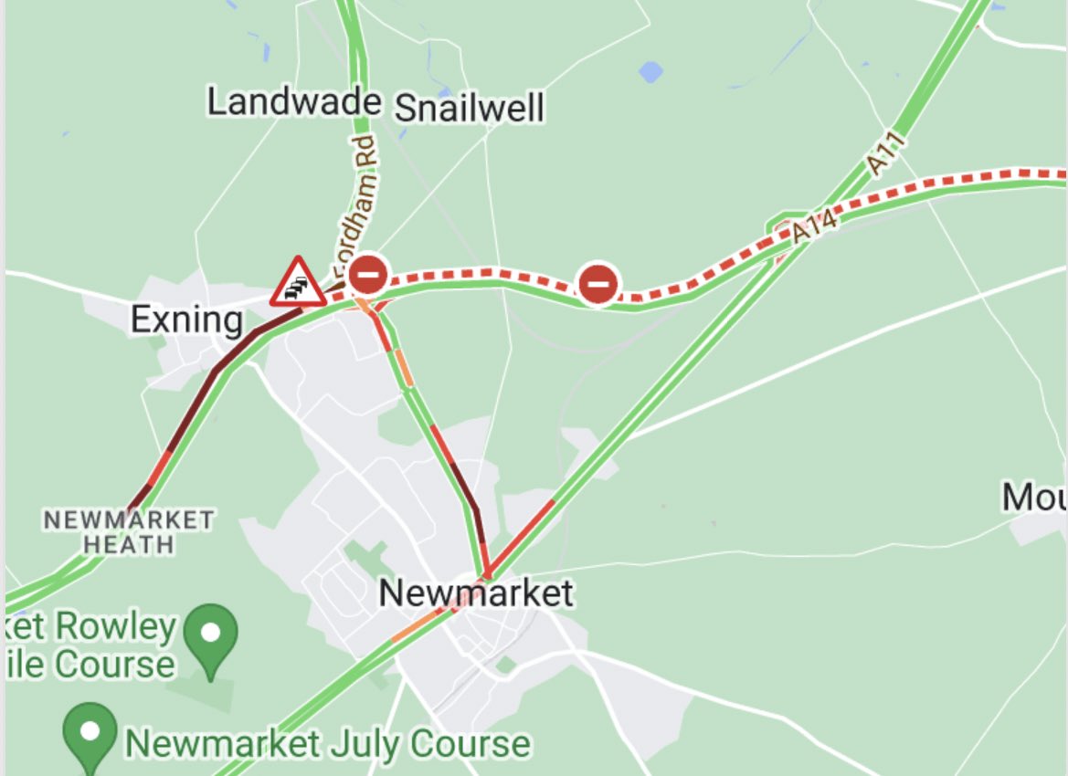 #A14 eastbound - CLOSED - between J37 (Newmarket/A142) and J39 (Kentford/B1506) - due to emergency drainage repairs following flooding - queues back 2 miles to BP Rowley Mile Services - adding delays of around 15 minutes - queueing into Newmarket as traffic diverts