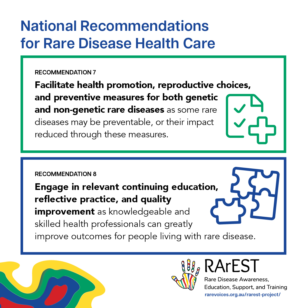 The Recommendations have been endorsed by @RareVoices Australia and 9 national colleges and bodies to date, including @AusGenomics, @hgsaaustralasia, @AusRheum, @acrrm, and @APNAnurses.