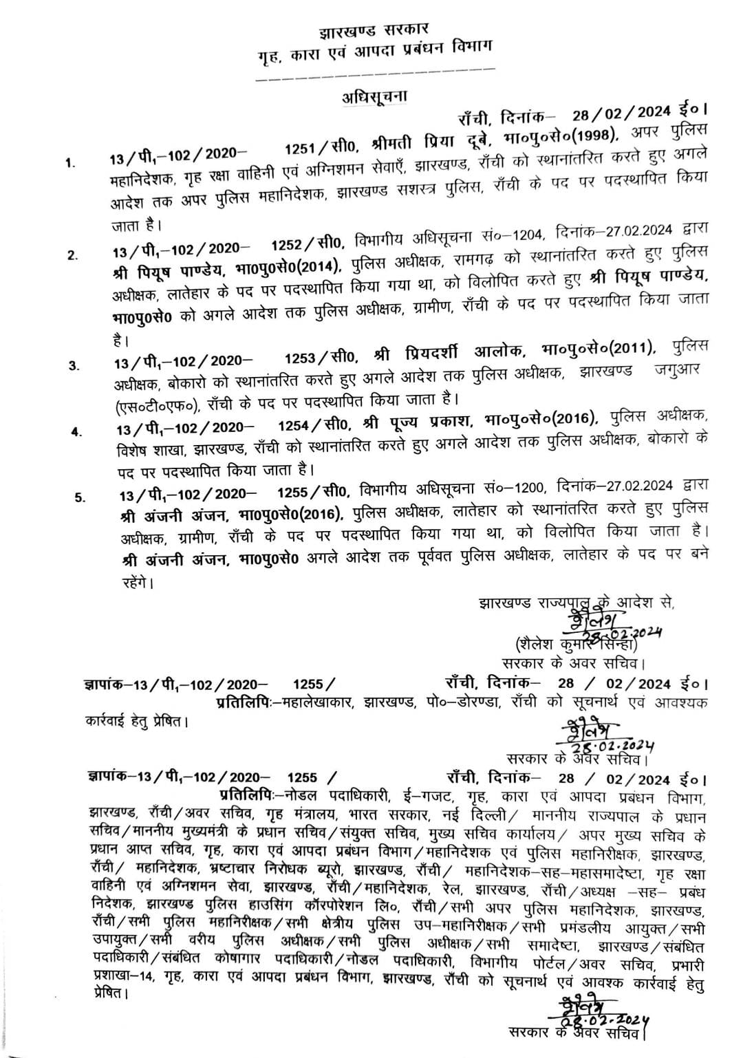झारखंड में तीन IPS अधिकारियों का ट्रांसफर, प्रिया दुबे बनीं JAP-ADG और …