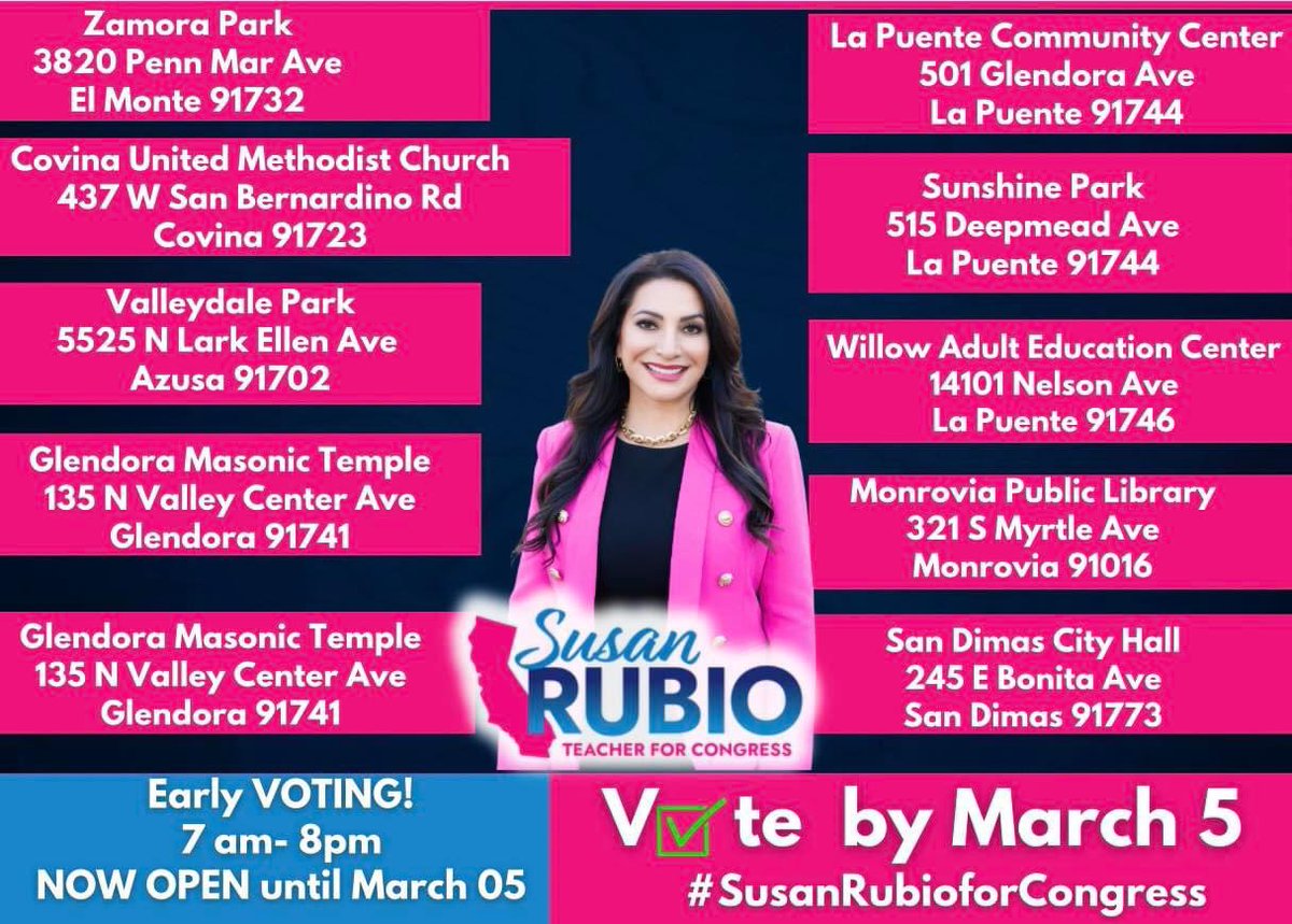 Early Voting Now Open ! Don’t miss this chance to participate in the democratic process , I hope to count on your support. Let’s make a difference in the San Gabriel Valley! #VoteEarly #SusanRubioforCongress #ElMonte #Covina #Azusa #Glendora #lapuente #Monrovia #SanDimas