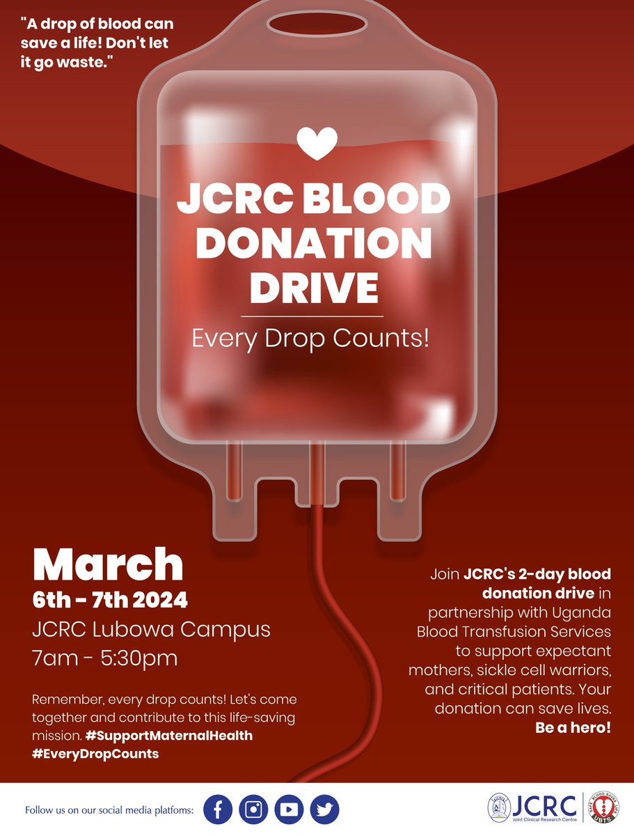Join JCRC in partnership with Uganda Blood Transfusion Services for a vital blood donation drive on March 6th-7th, 2024, 7 AM - 5:30 PM. Support our mission to save expectant mothers and sickle cell warriors. Your donation can make a difference. #EveryDropCounts