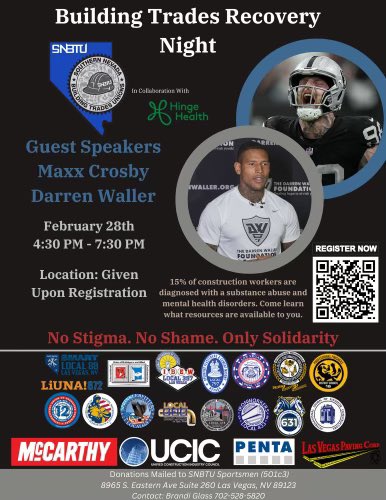 EdgarFloresNV's tweet image. Such a powerful evening today thanks to @SNBTU1960 @CrosbyMaxx  @Rackkwall83 @872LaborersInfo @ibew local 357 and so many more amazing partners.  #NoStigma #noShame #StrongerTogether #UnionStrong