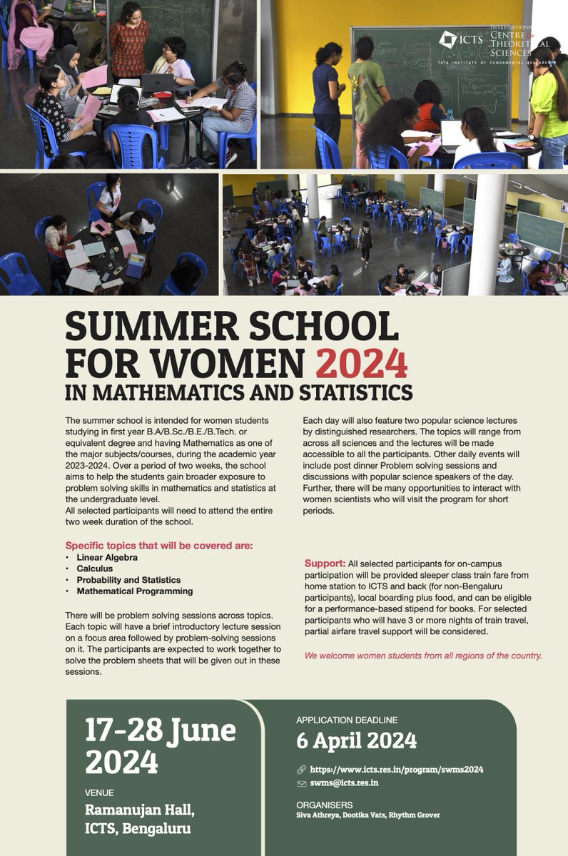 Attention all women students across the country! Apply for our summer school program in Mathematics and Statistics. Our two-week program will broaden your exposure to mathematics and statistics problem-solving skills. Apply by April 6th Webpage icts.res.in/program/swms20…