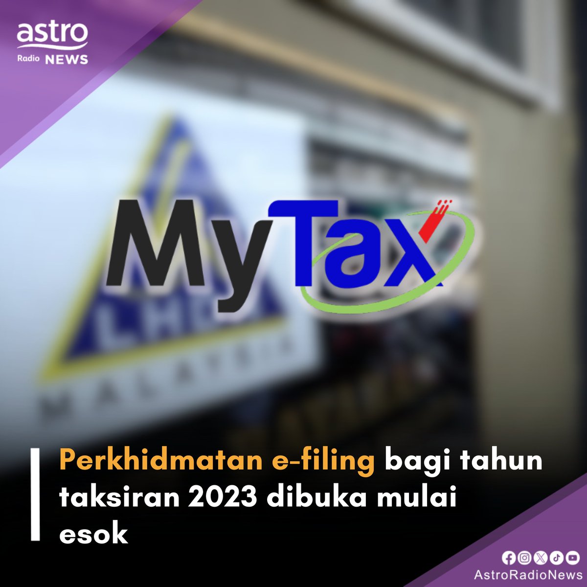 AstroAudioNews's tweet image. Pekhidmatan e-filing bagi tahun taksiran 2023 dibuka mulai 1 Mac 2024.

Pembayar #cukai dan majikan boleh akses ke portal #MyTax untuk maklumat lanjut.

#LHDN #AstroRadioNews
