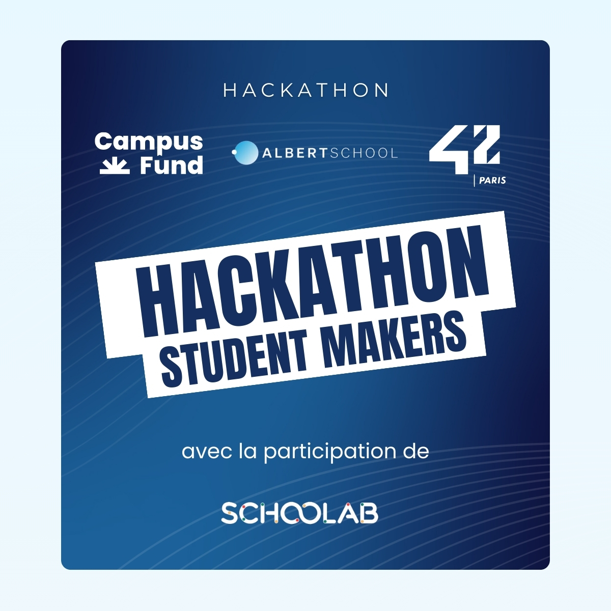 🚀 Êtes-vous prêts à créer l'avenir de la tech ? 🌟
Schoolab participe au #hackathon annuel de Campus Fund <a href="/AlbertSchool/">Albert School</a> et <a href="/42born2code/">42 Paris</a> avec pour objectif de faire émerger des pépites tech conçues par de jeunes talents comme vous ! 💡
Pour candidater 👉 sjs9e1lfqds.typeform.com/to/t99MryF0?ut…