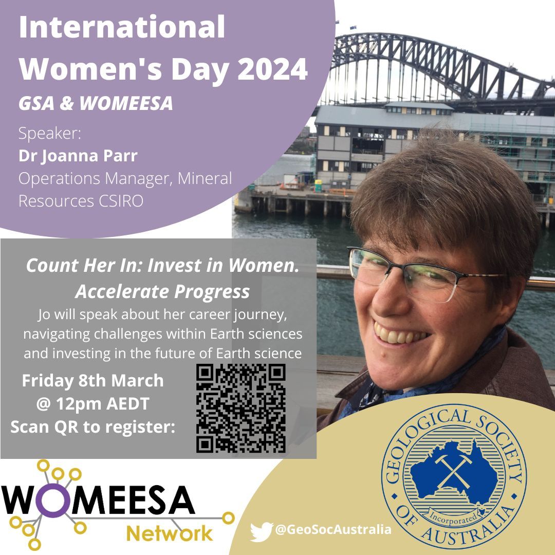 As #IWD approaches, we are excited to announce our collaboration with @GeoSocAustralia to present Dr. Joanna Parr. Jo will share insights on her professional journey, overcoming obstacles, and supporting the advancement of Geoscience. To register, simply scan the QR code #IWD24