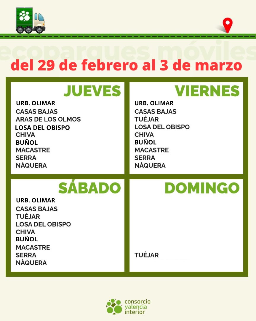 🚛 De dijous a diumenge, #ecoparcs mòbils en
• Dj→ #AresdelsOms
• Dj-Ds→ Urb. #Olimar, #CasasBajas, #Chiva, #Buñol, #Macastre, #Serra, #Nàquera, #LosaDelObispo
• Dv, Ds-Dg→ #Toixa

Recicles? 😃 ℹ️
consorciovalenciainterior.com/servicios/