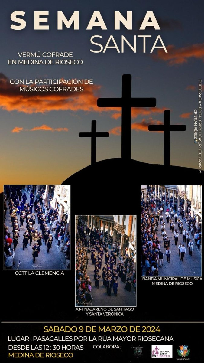 ✝️ Vermú cofrade con la participación de músicos cofrades de las bandas 'Santo Cristo de la Clemencia', Banda Municipal de Medina de Rioseco y A.M. Nazareno de Santiago y la Santa Verónica.

📆 Sábado 9 de marzo
🕢 Desde las 12.30 horas
🏫 Pasacalles por la Rúa Mayor de Rioseco