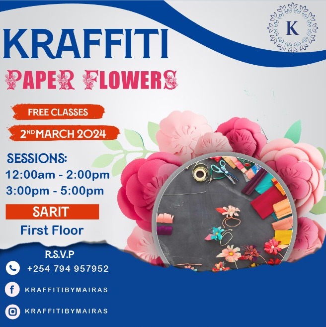 SaritYourCity's tweet image. Blossom your creativity with our FREE paper flower crafting classes! 🌸✨Ready to let your creativity bloom? Join us this Saturday from 12pm to 5pm for another fun craft! To Book a session call/whatsapp us on 0794957952/071921664.
#mairascraft #PaperFlowers #kraffitibymairas