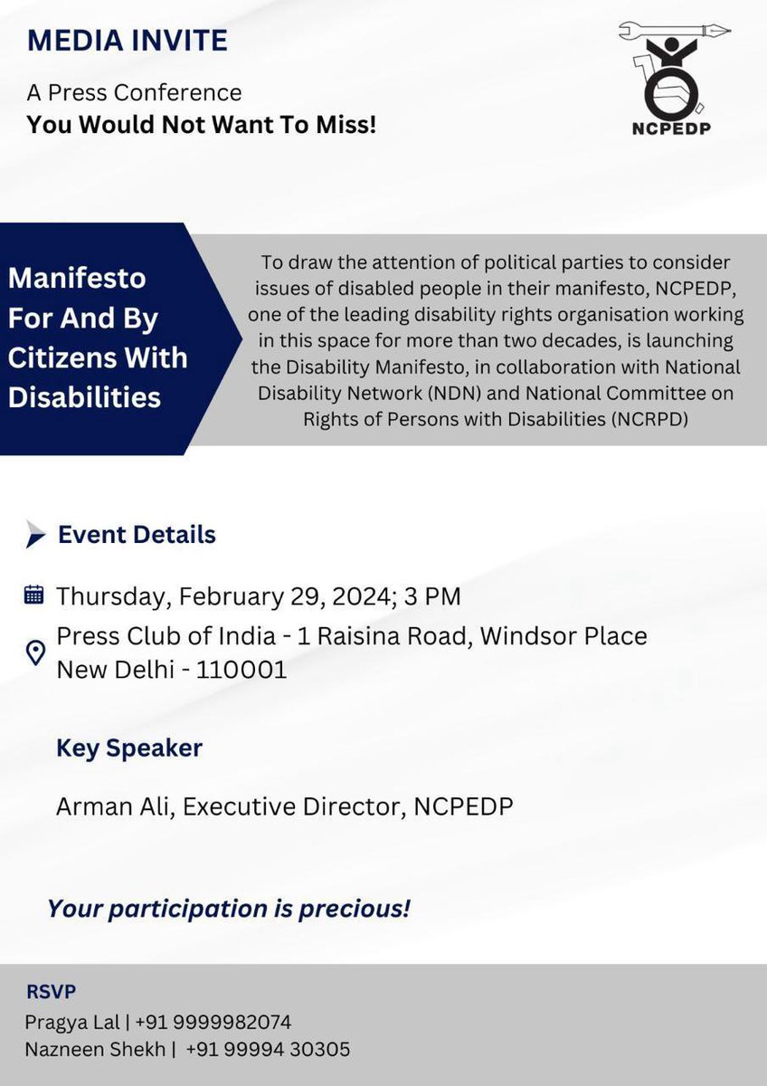 ipradeepraj's tweet photo. Attention journalists!
You're invited to our #PressConference today, as we proudly launch the #MANIFESTO For & By Citizens with Disabilities, envisioned by National Disability Network (NDN) & #NCRPD.
🗓️ Feb 29,2024
⏰ at 3 PM
📍 Press Club New Delhi
@ANI @PTI_News @PIB_India https://t.co/zshHxKB4HR