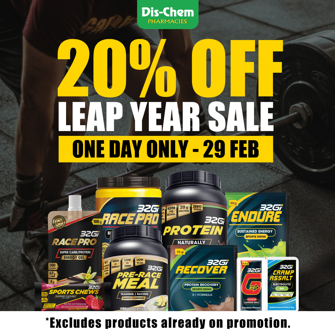 It only comes every 🗓️4 years… So why not celebrate a 🦘leap year! Get 20% off 🟢@dischem_pharmacies today only! So, be sure to stock up on all your 32Gi favourites! Excludes products already on promotion. Valid 29 Feb 2024. While stocks last.
