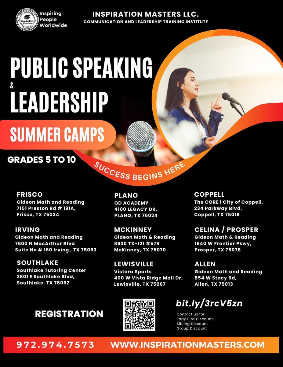 oshp2013's tweet photo. Public Speaking and Leadership Summer Camps in
Frisco, Plano, Coppell, Irving, McKinney, Celina, Southlake, Lewisville, Allen

Registration:
In-Person Summer Camps
https://t.co/coRCDap5GJ

#publicspeakingclasses #publicspeaking #publicspeakingclass #publicspeakingcourse https://t.co/CbtmJD3HrR