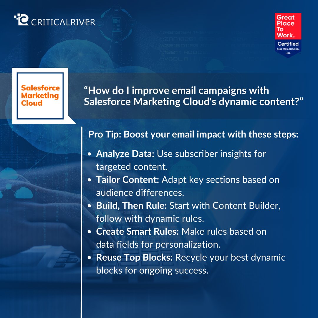 CriticalRiver's tweet image. Step into the Future of Email Marketing: Unleash the Power of Dynamic Content to Captivate Your Audience and Skyrocket Engagement!
#SalesforceMarketingCloud #EmailMarketingTips #DynamicContent #CriticalRiver @CriticalRiver #salesforcetrailblazer #salesforcecommunity