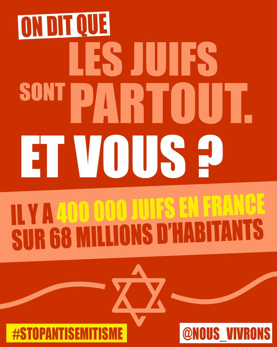 nous_vivrons's tweet photo. Parmi les poncifs antisémites classiques, il y a évidemment celui qui fait référence à l’omniprésence des juifs : « ils sont partout ». 

Mais qu’en est-il effectivement ?

Les juifs de France sont 400 000 sur une population de 68 millions d’habitants, c’est moins de 1% de la population. 

Si vous voyez des juifs « partout », c’est sûrement que vous êtes atteint d’antisémitisme. 

#stopantisemitisme 
#cyberantisemitisme